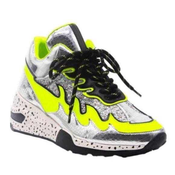 Vicious Heeled Fashion Sneakers in Silver & Lime - Picture 2 of 9